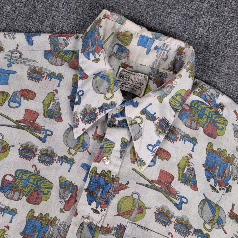 Vtg Kmart Permanent Press Shirt Mens L White Novelty Travel Print 70's‎